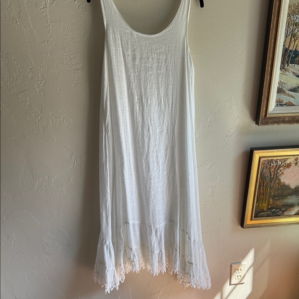 Hearts Desire by Mary Grace White Sleeveless Dress sheer linen with Lace Hem.